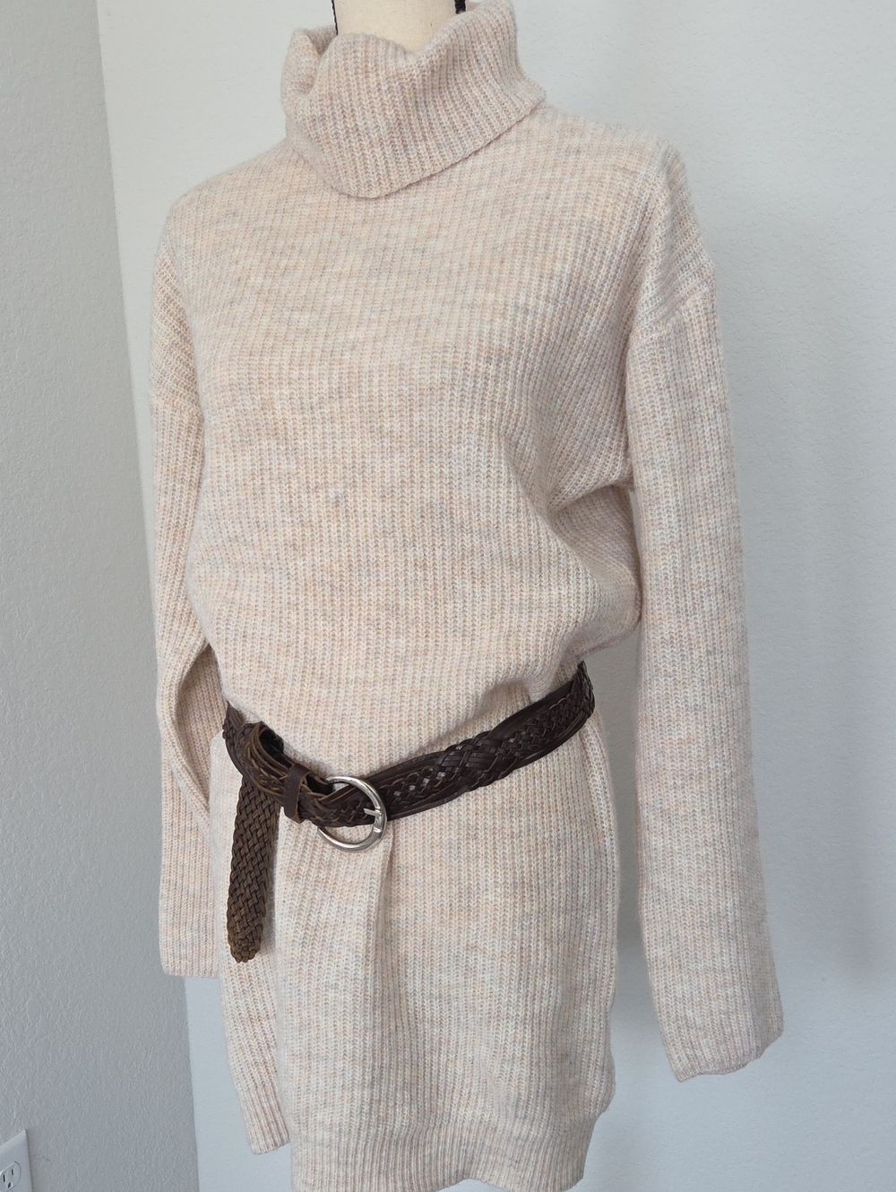 SHEIN Beige Oatmeal Cream Ribbed Turtleneck Sweater Dress Boho Comfy Warm Winter
